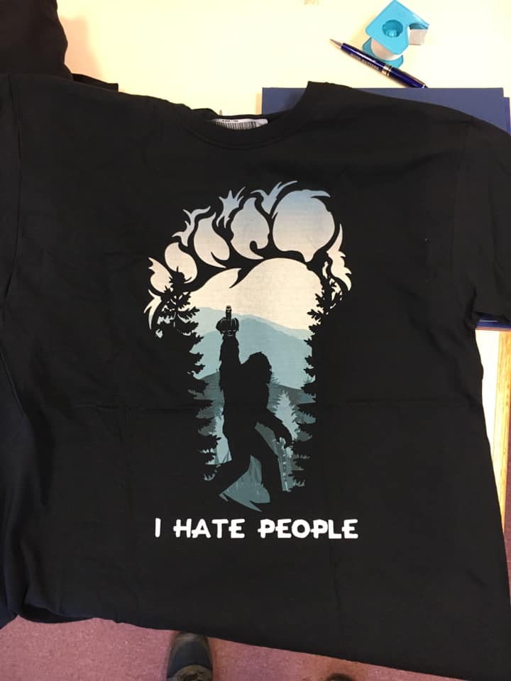 Bigfoot Art Gallery T-Shirt you can purchase at the gallery. (I Hate People)