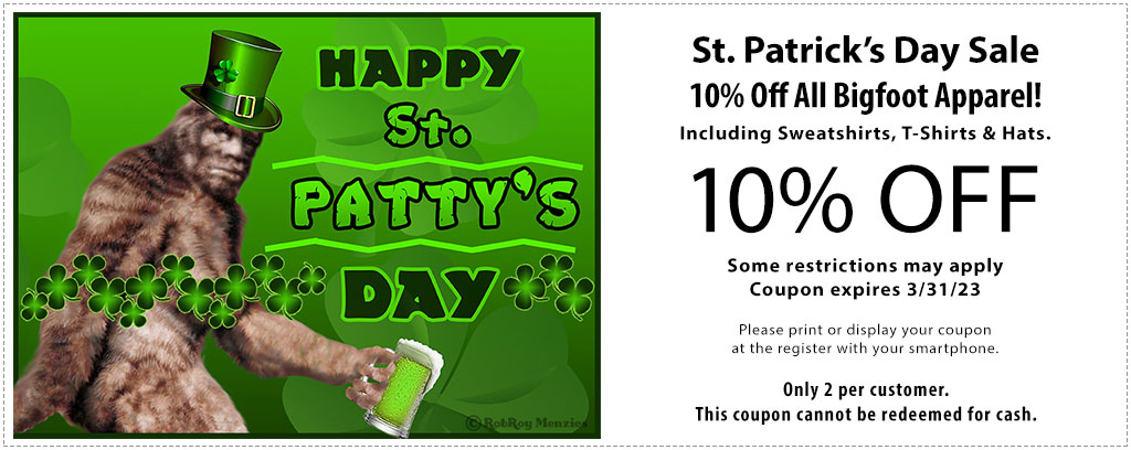 St. Patrick's Day 10% off all bigfoot apparel coupon.