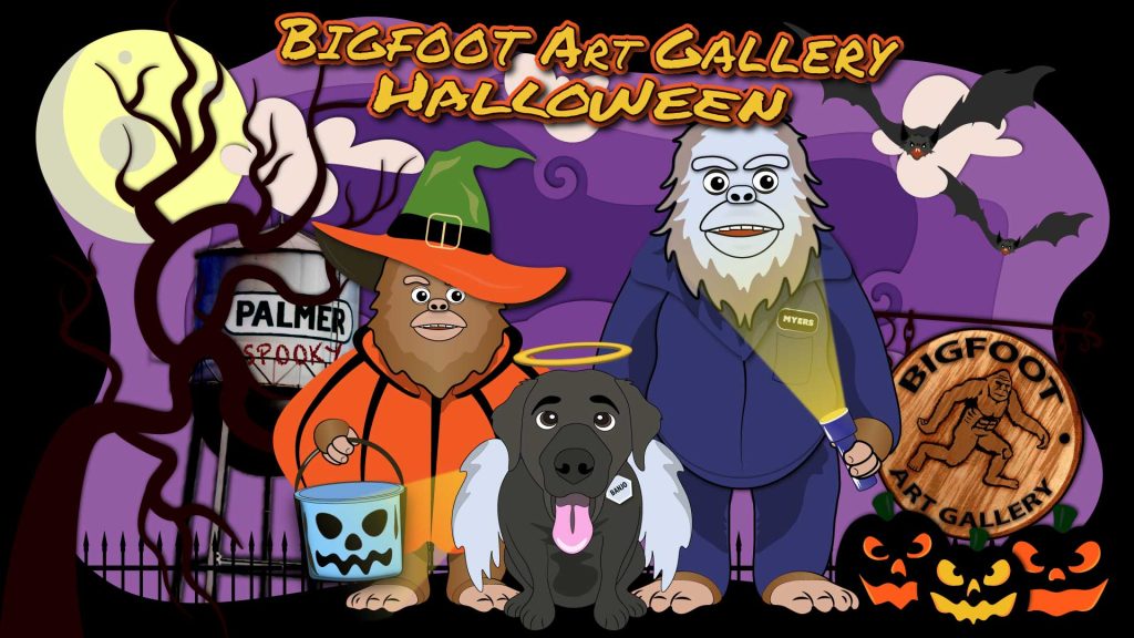 Halloween cartoon image with a pumpkin, angel and Michael Myers costumes. 